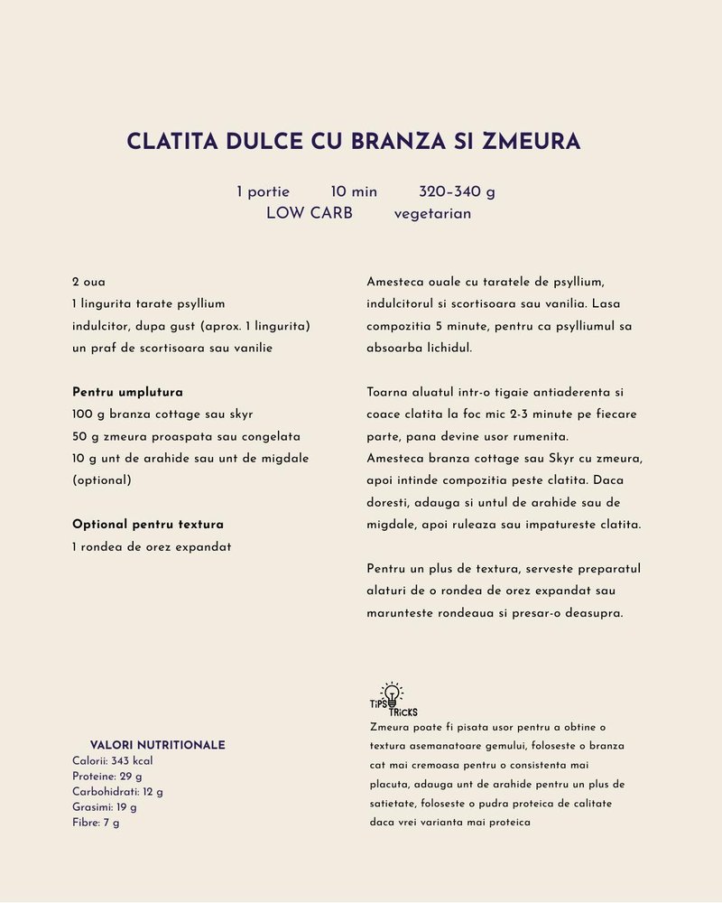 Rețeta: Clătită dulce cu brânză și zmeură